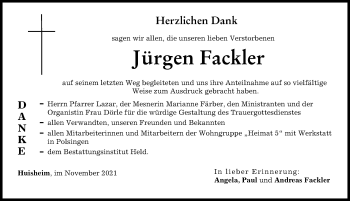 Traueranzeige von Jürgen Fackler von Donauwörther Zeitung
