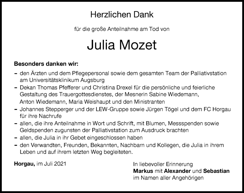  Traueranzeige für Julia Mozet vom 24.07.2021 aus Augsburger Allgemeine
