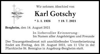 Traueranzeige von Karl Gotschy von Augsburger Allgemeine