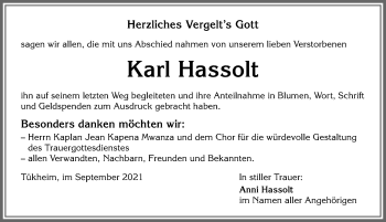 Traueranzeige von Karl Hassolt von Mindelheimer Zeitung