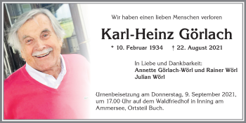Traueranzeige von Karl-Heinz Görlach von Mindelheimer Zeitung