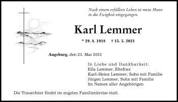 Traueranzeige von Karl Lemmer von Augsburger Allgemeine