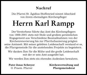 Traueranzeige von Karl Rampp von Mittelschwäbische Nachrichten