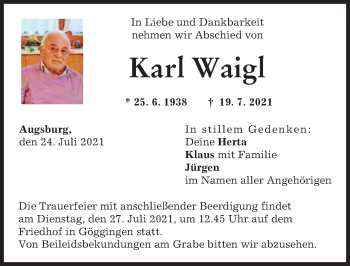 Traueranzeige von Karl Waigl von Augsburger Allgemeine