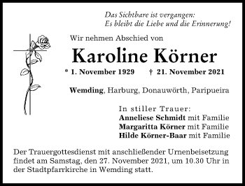 Traueranzeige von Karoline Körner von Donauwörther Zeitung