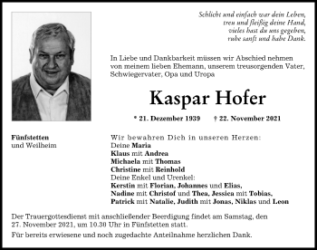 Traueranzeige von Kaspar Hofer von Donauwörther Zeitung