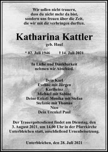 Traueranzeige von Katharina Kattler von Mittelschwäbische Nachrichten