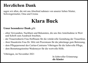 Traueranzeige von Klara Buck von Illertisser Zeitung