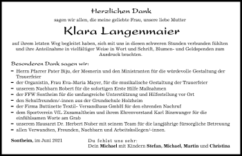 Traueranzeige von Klara Langenmaier von Wertinger Zeitung, Donau Zeitung
