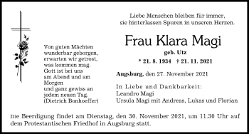 Traueranzeige von Klara Magi von Augsburger Allgemeine