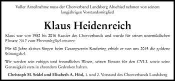 Traueranzeige von Klaus Heidenreich von Landsberger Tagblatt
