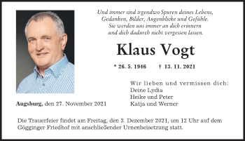 Traueranzeige von Klaus Vogt von Augsburger Allgemeine