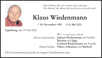 Traueranzeige von Klaus Wiedenmann von Donau Zeitung
