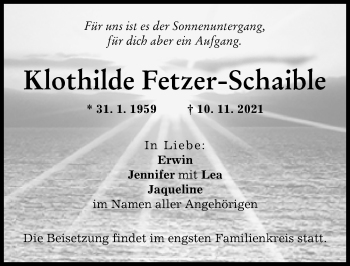 Traueranzeige von Klothilde Fetzer-Schaible von Augsburg-Land