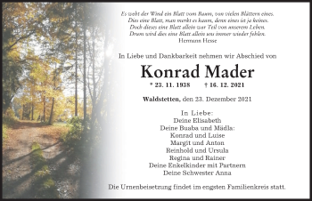 Traueranzeige von Konrad Mader von Günzburger Zeitung