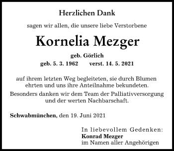 Traueranzeige von Kornelia Mezger von Schwabmünchner Allgemeine