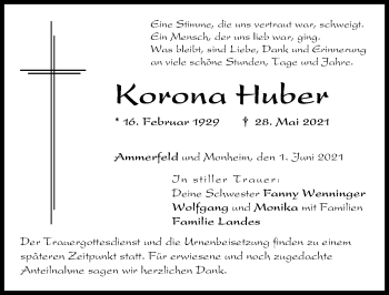 Traueranzeige von Korona Huber von Neuburger Rundschau