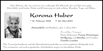 Traueranzeige von Korona Huber von Donauwörther Zeitung