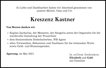 Traueranzeige von Kreszenz Kastner von Augsburg-Land