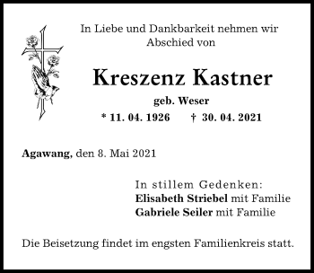 Traueranzeige von Kreszenz Kastner von Augsburg-Land