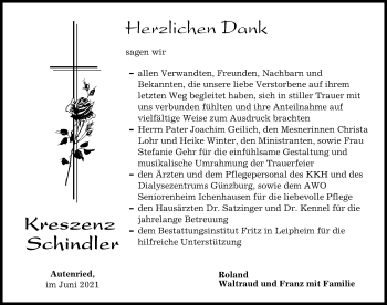 Traueranzeige von Kreszenz Schindler von Günzburger Zeitung