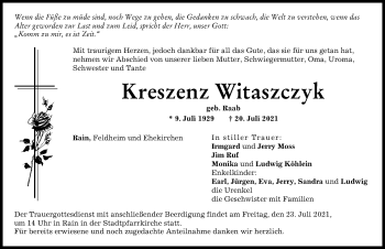 Traueranzeige von Kreszenz Witaszczyk von Donauwörther Zeitung