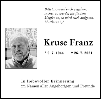 Traueranzeige von Kruse Franz von Augsburger Allgemeine
