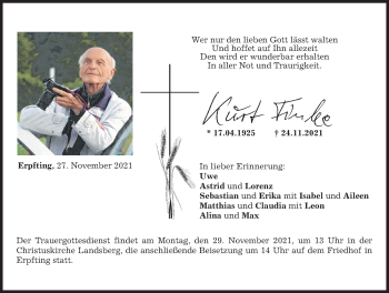 Traueranzeige von Kurt Finke von Landsberger Tagblatt