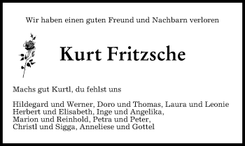 Traueranzeige von Kurt Fritzsche von Augsburger Allgemeine