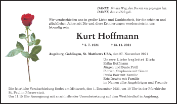 Traueranzeige von Kurt Hoffmann von Augsburger Allgemeine