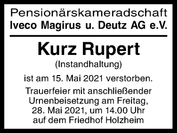 Traueranzeige von Kurz Rupert von Illertisser Zeitung, Günzburger Zeitung, Neu-Ulmer Zeitung