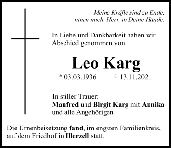 Traueranzeige von Leo Karg von Illertisser Zeitung