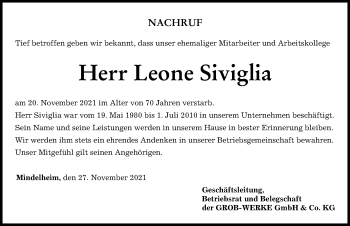 Traueranzeige von Leone Siviglia von Mindelheimer Zeitung