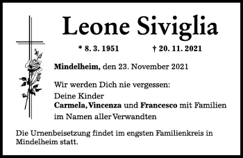 Traueranzeige von Leone Siviglia von Mindelheimer Zeitung