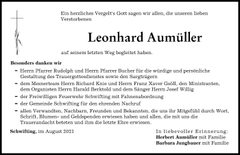 Traueranzeige von Leonhard Aumüller von Landsberger Tagblatt