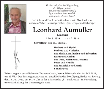 Traueranzeige von Leonhard Aumüller von Landsberger Tagblatt