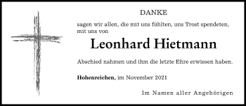 Traueranzeige von Leonhard Hietmann von Wertinger Zeitung