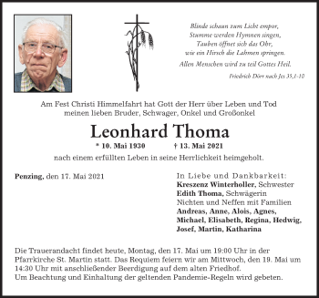 Traueranzeige von Leonhard Thoma von Landsberger Tagblatt