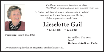 Traueranzeige von Lieselotte Gail von Friedberger Allgemeine