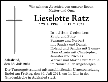 Traueranzeige von Lieselotte Ratz von Augsburger Allgemeine