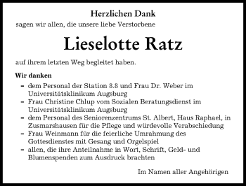 Traueranzeige von Lieselotte Ratz von Augsburger Allgemeine