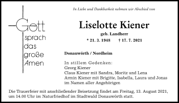 Traueranzeige von Liselotte Kiener von Donauwörther Zeitung