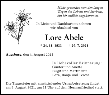 Traueranzeige von Lore Abele von Augsburger Allgemeine
