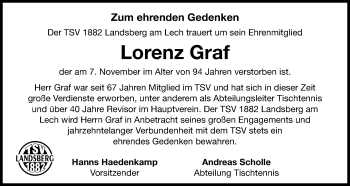 Traueranzeige von Lorenz Graf von Landsberger Tagblatt