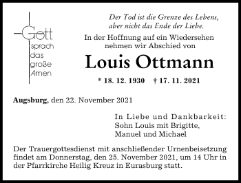 Traueranzeige von Louis Ottmann von Friedberger Allgemeine, Augsburger Allgemeine