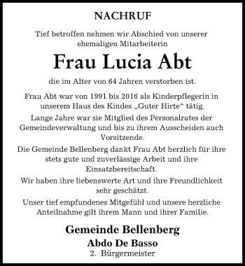 Traueranzeige von Lucia Abt von Illertisser Zeitung