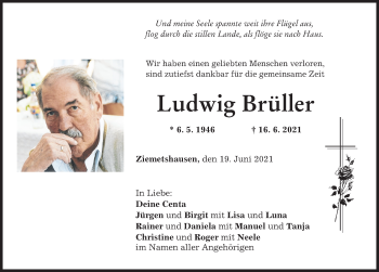 Traueranzeige von Ludwig Brüller von Mittelschwäbische Nachrichten