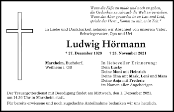Traueranzeige von Ludwig Hörmann von Donauwörther Zeitung