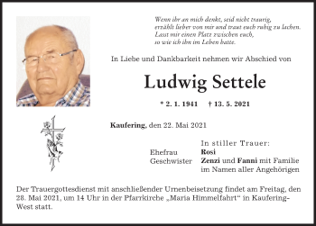 Traueranzeige von Ludwig Settele von Landsberger Tagblatt