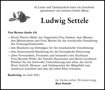 Traueranzeige von Ludwig Settele von Landsberger Tagblatt